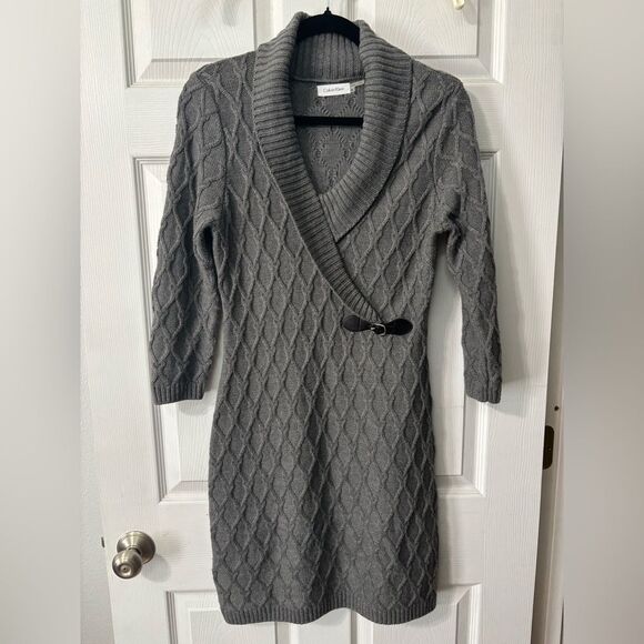 Calvin Klein Sweater Dress Size Medium Cable Knit Grey Party Cocktail Office - Picture 1 of 8